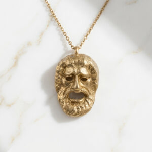 Handmade Ancient Greek tragedy mask pendant golden bronze