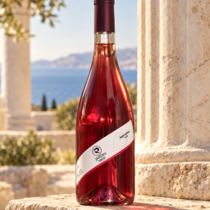 JARDIN dry Agiorgitiko rosé wine bottle beside ancient Greek columns