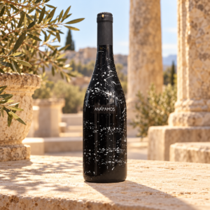 ANAPAMOS dry red Agiorgitiko in a hand-painted black bottle beside ancient Greek columns